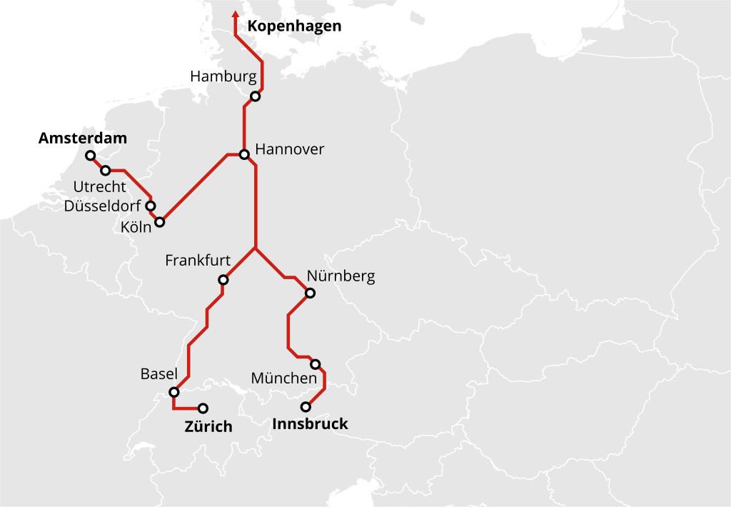Nachzug von Amsterdam, Innsbruck und Zürich nach Kopenhagen
