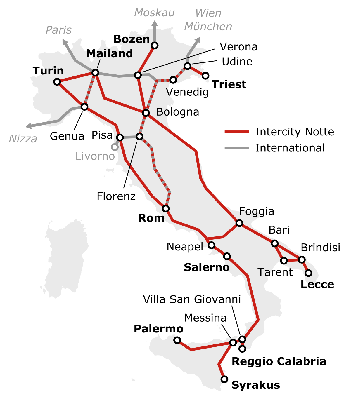 Nachtzug Netz in Italien mit Intercity Notte Linien und internationalen Nachtzügen